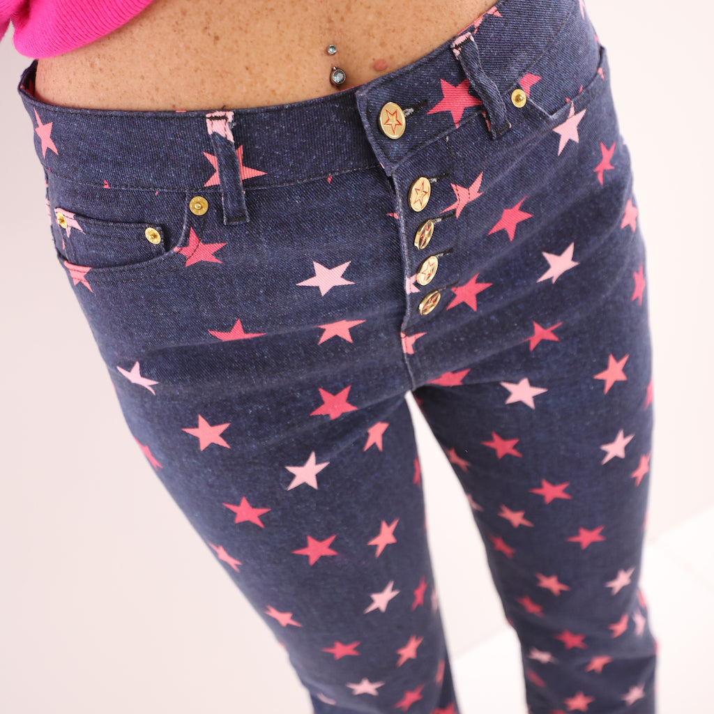 Jeans Loose blu scuro stelle fuxia