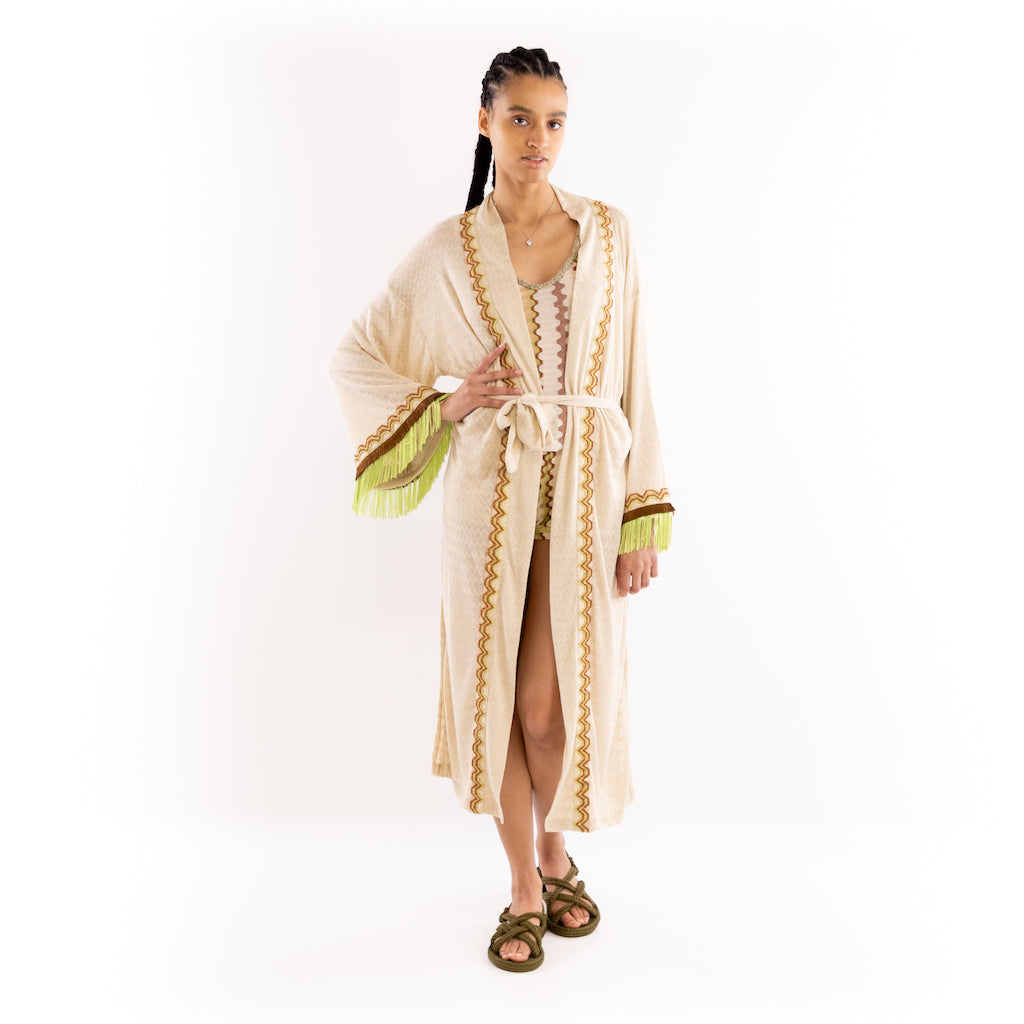 Kimono lungo in maglia oro/verde
