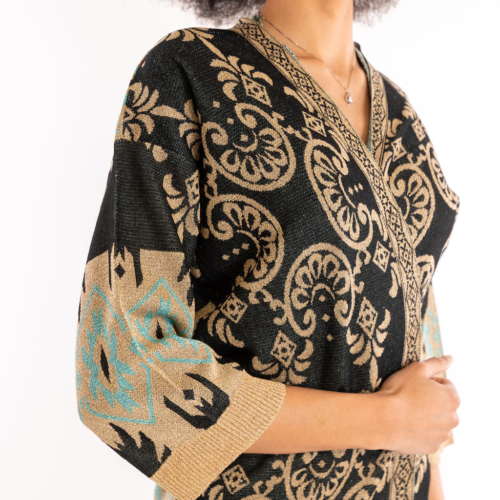 Kimono in maglia jacquard lurex nero-oro