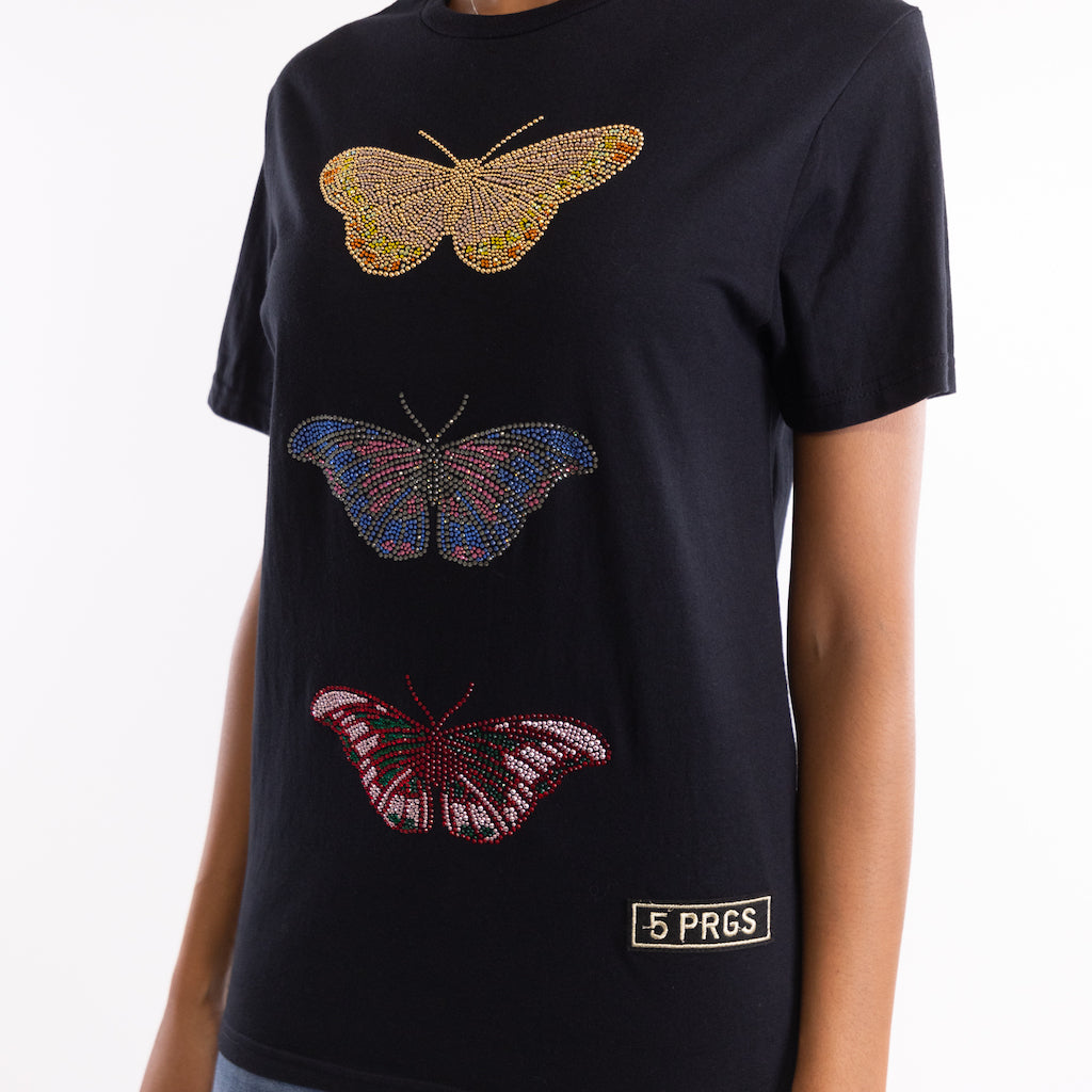 T-shirt nera strass butterfly