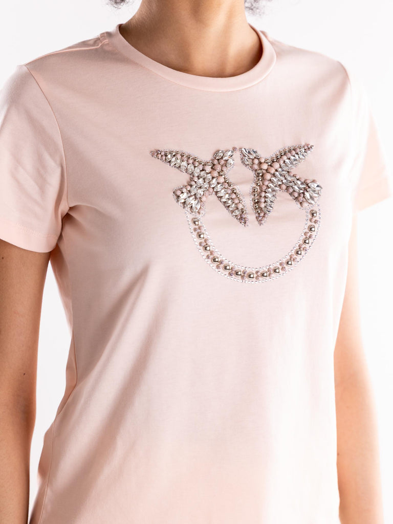 T-shirt Quentin rosa con logo Love Birds in cristalli 100535 A2G7N38 PINKO 