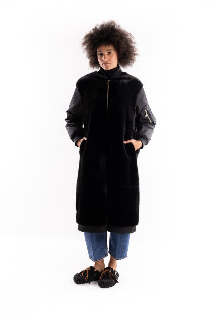 bomber lungo in eco-pelliccia e nylon VOG NERO ANY 