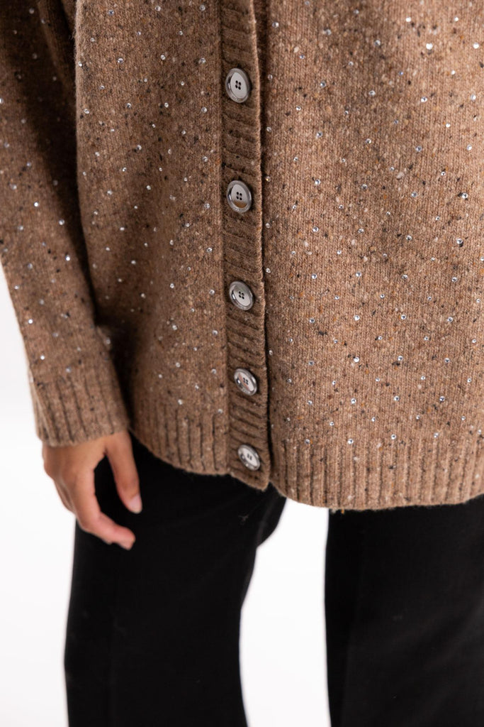 Cardigan Marche in tessuto bouclé cammello con strass 105739 A2U4CAMMELLO PINKO 