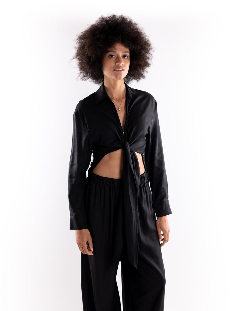 Camicia in lino nero con nodo sul davanti HMABW01847 NERO HINNOMINATE 