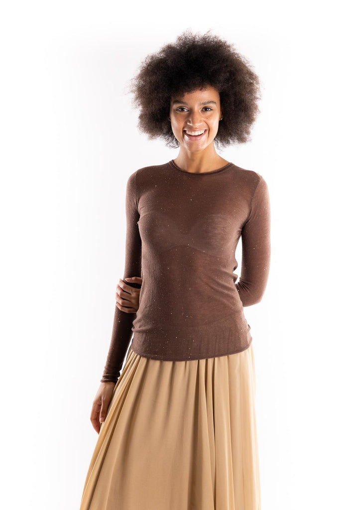 Maglia Pico girocollo ultrafine marrone con pailettes 105398 A2PMMARRONE PINKO 