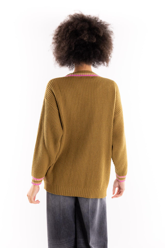 Maglia cardigan color oliva con patch BUW25114 OLIVA BRAND UNIQUE 