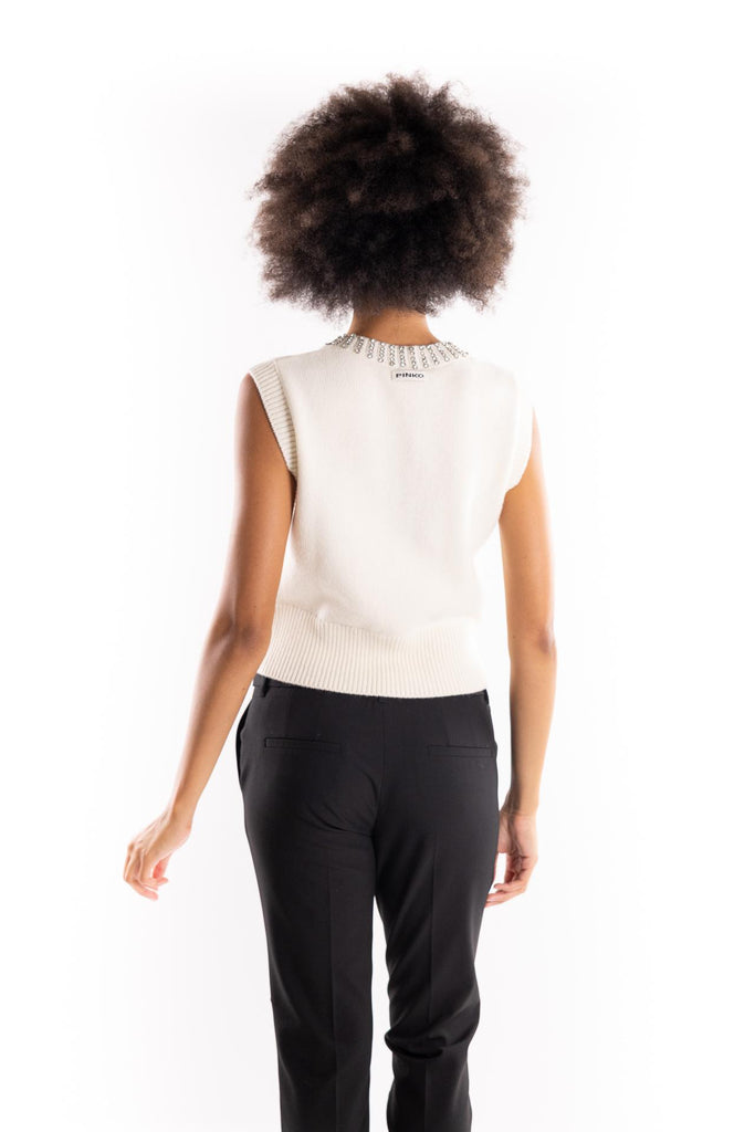 Gilet Ponziane in maglia bianca con strass 105639 A2TRBIANCO PINKO 