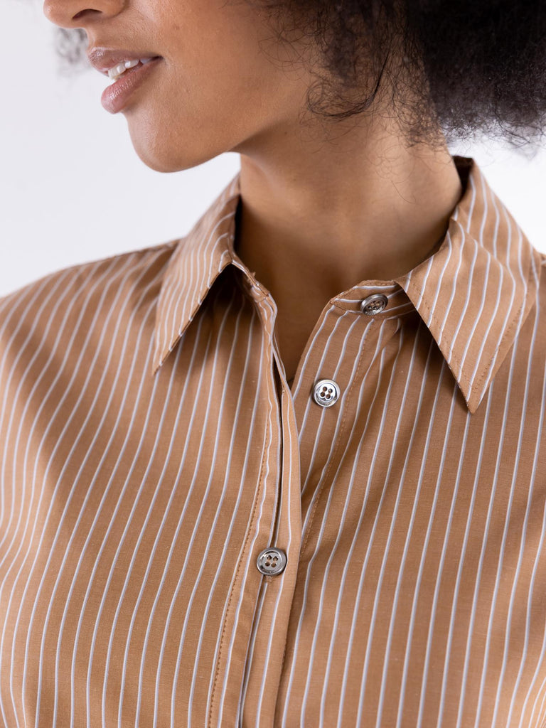Camicia bowling Innuendo in cotone a righe verticali marrone-bianco 104779 A2FHLZ1 PINKO 
