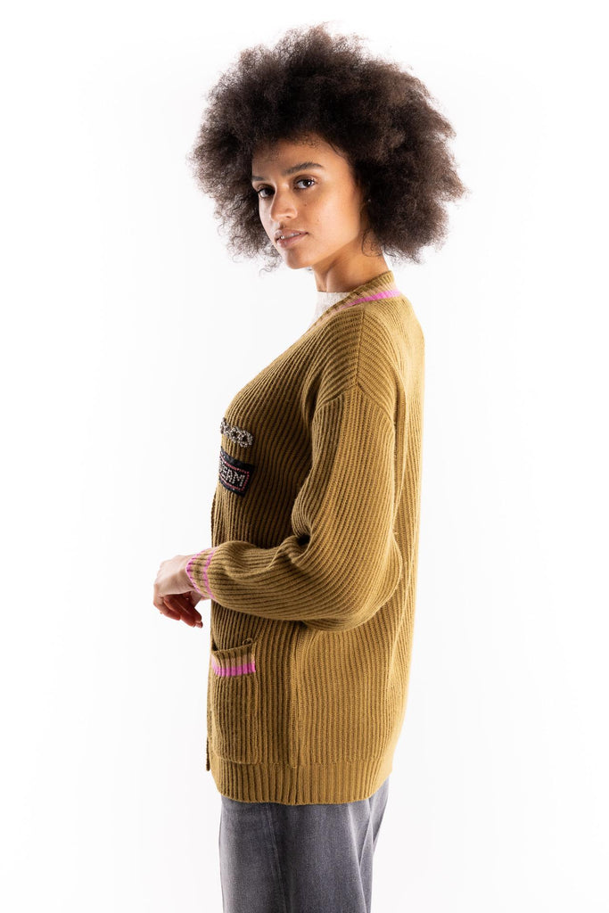 Maglia cardigan color oliva con patch BUW25114 OLIVA BRAND UNIQUE 