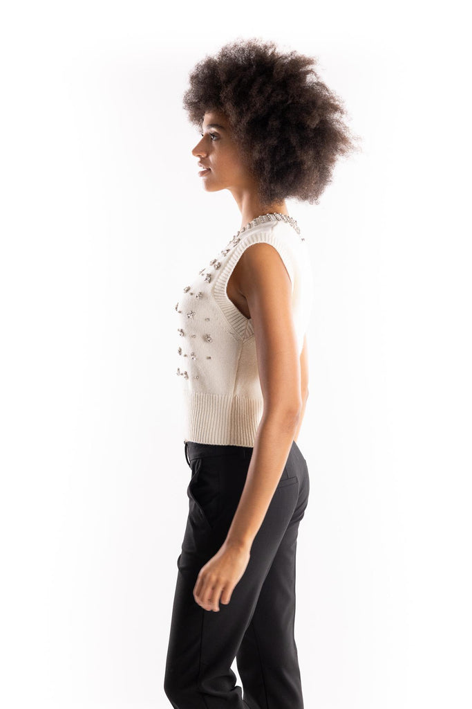 Gilet Ponziane in maglia bianca con strass 105639 A2TRBIANCO PINKO 