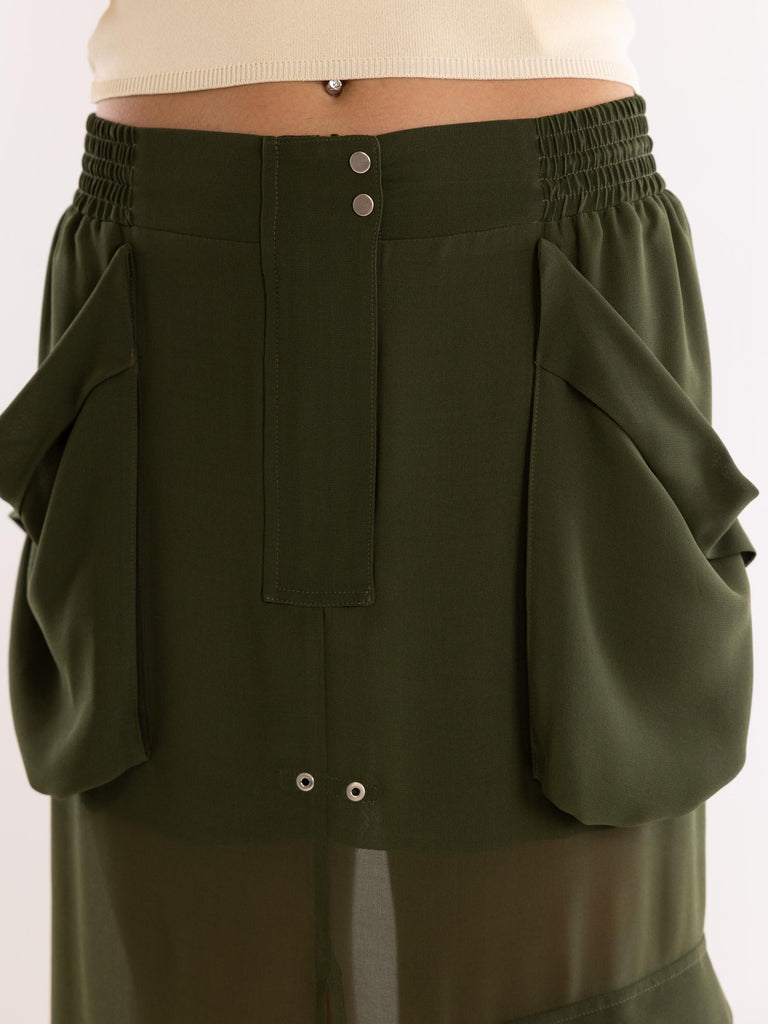 Gonna lunga Invece no in georgette verde con tasche