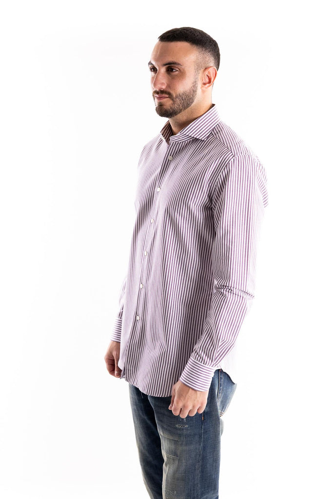 Camicia travel collo francese riga bordò 98810 010BIANCO-BORDEAU XACUS 