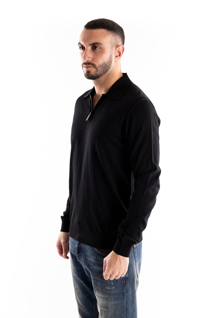 Maglia polo con zip finezza 16 color nero<BR/> A002 NERO PAOLO PECORA 