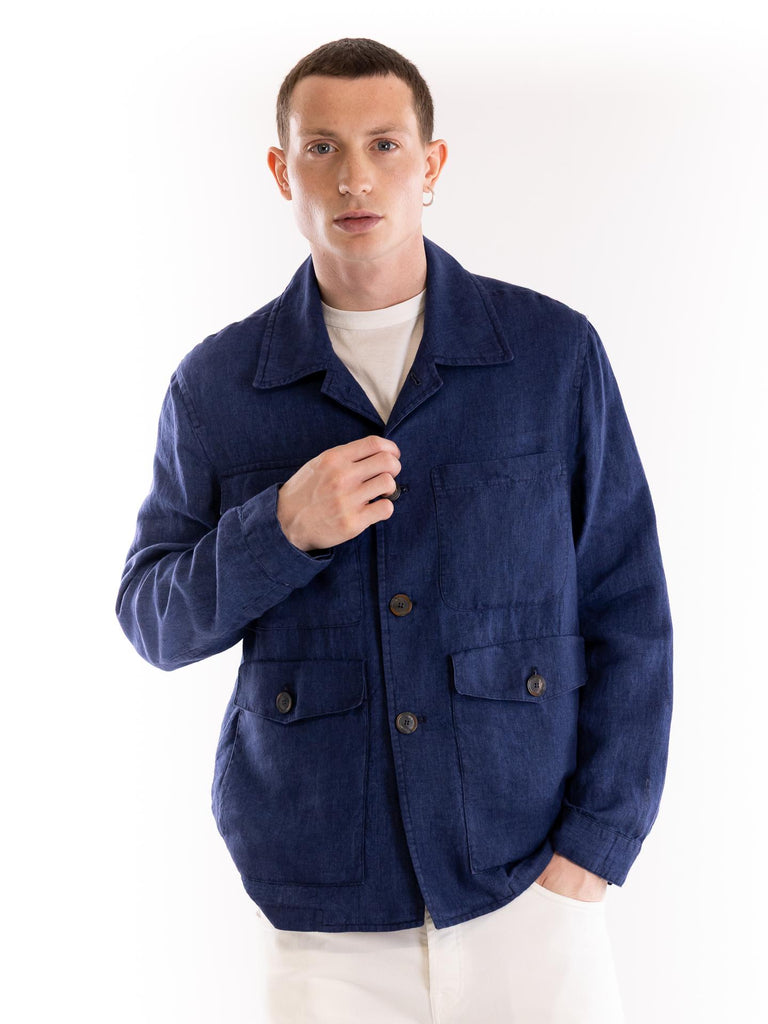 Giacca camicia uomo in lino blu OF1S2S5J012 174 OUTFIT 
