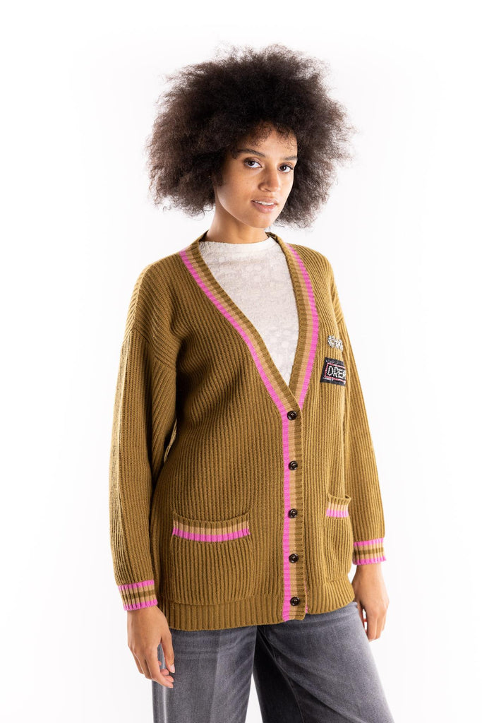 Maglia cardigan color oliva con patch BUW25114 OLIVA BRAND UNIQUE 