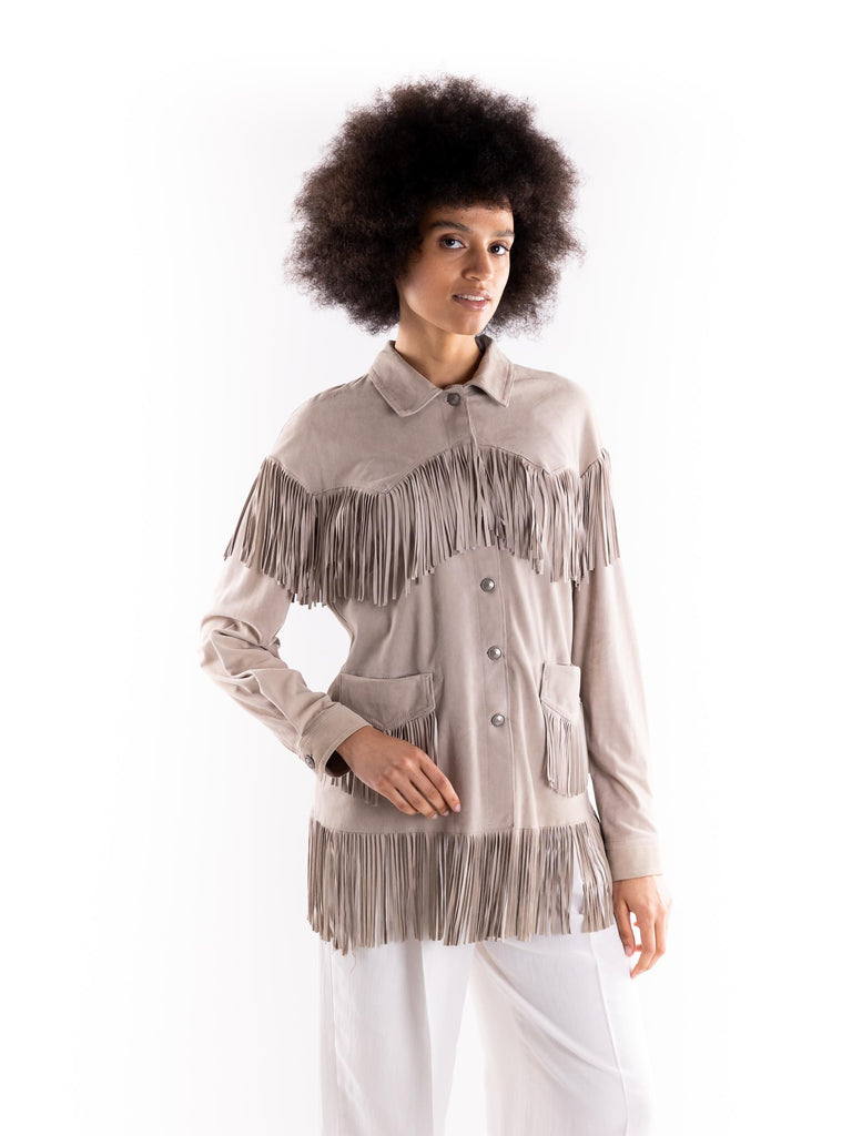Giacca-camicia donna in camoscio sabbia con  frangie DAIRA SABBIA BLUSOTTO 