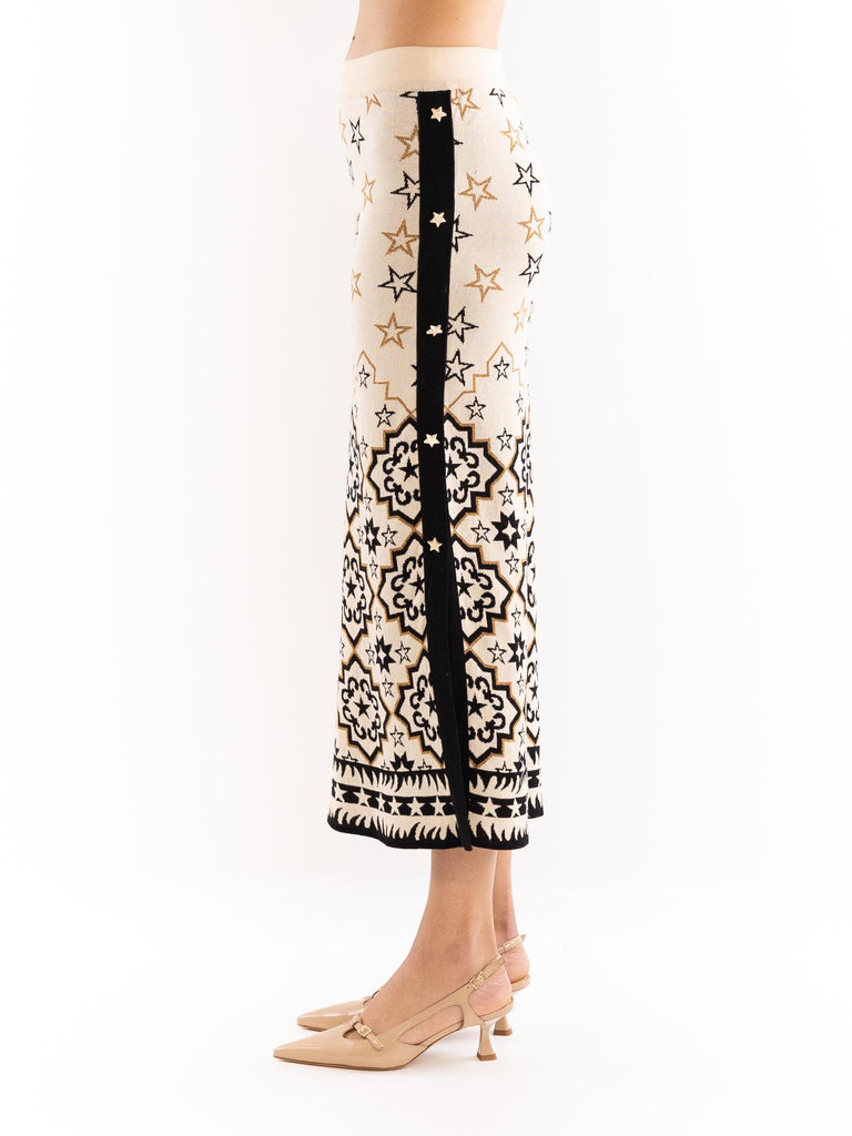 Gonna midi donna stelle nere su base beige GOKD09002 BEIGE AKEP 