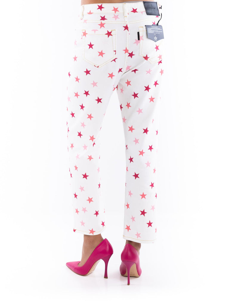 Jeans donna loose bianco stelle fuxia