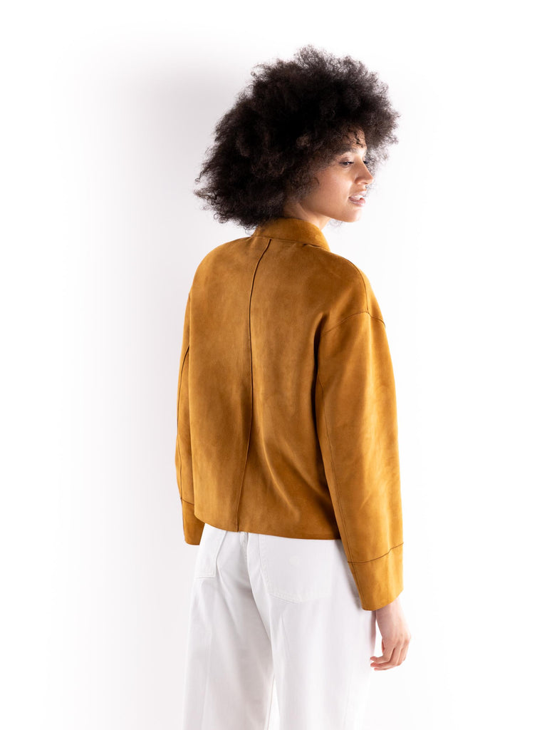 Giacca donna in camoscio taglio vivo cognac