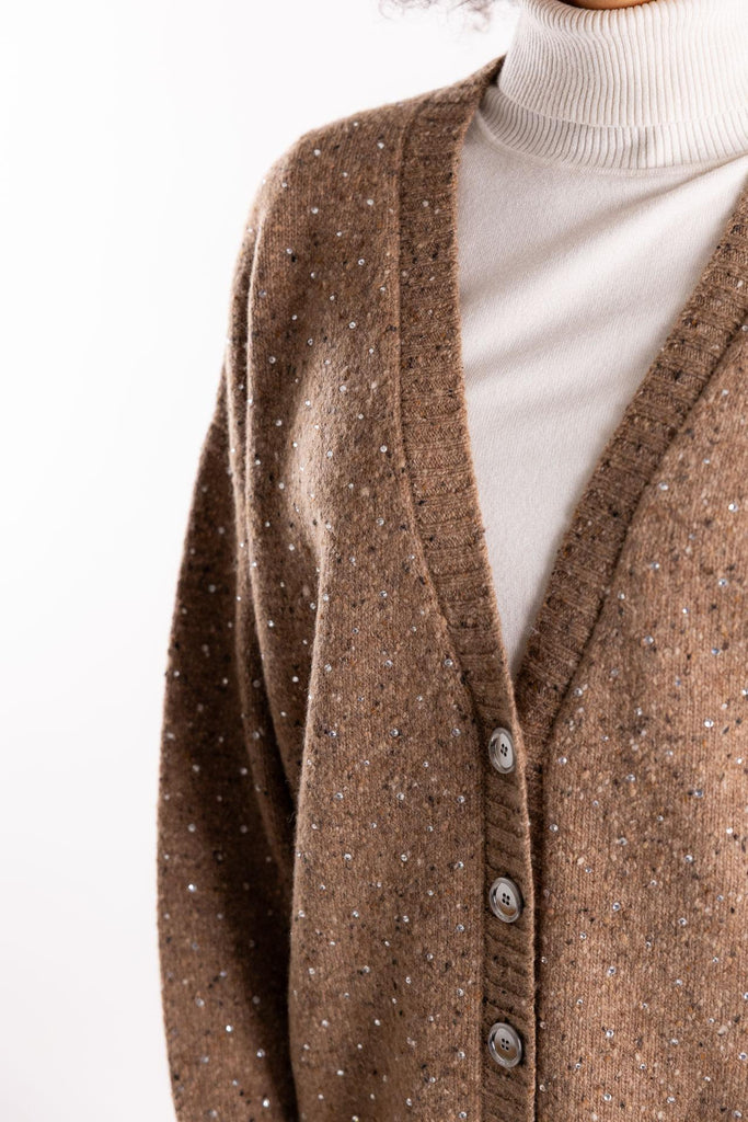 Cardigan Marche in tessuto bouclé cammello con strass 105739 A2U4CAMMELLO PINKO 