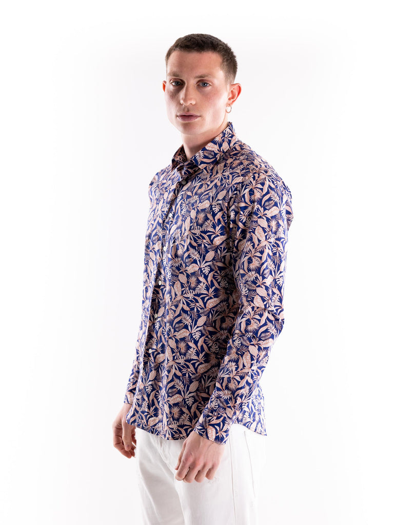 Camicia uomo in fantasia floreale su base blu OLEANDRO 3433MULTICOLOR PORTOFIORI 