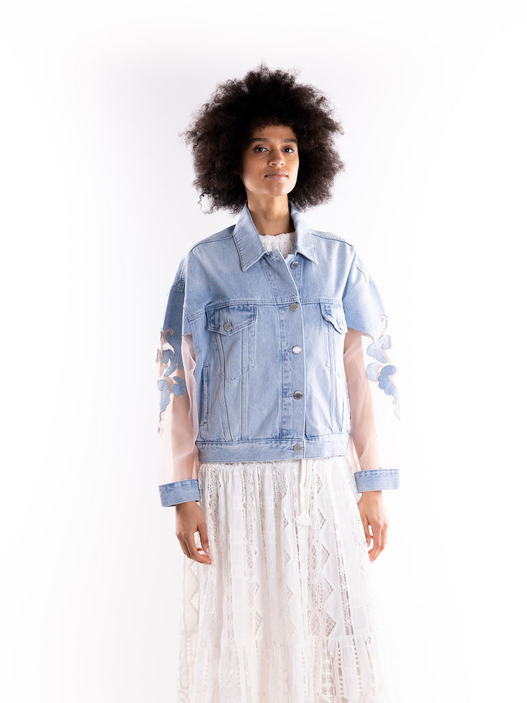 Giubbino jeans Gaborone con maniche organza 104697 A2F5PJM PINKO 
