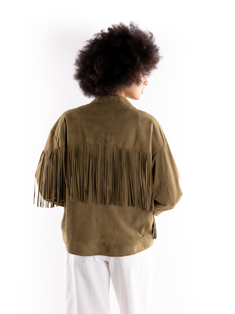 Giacca donna camoscio salvia con  frangie