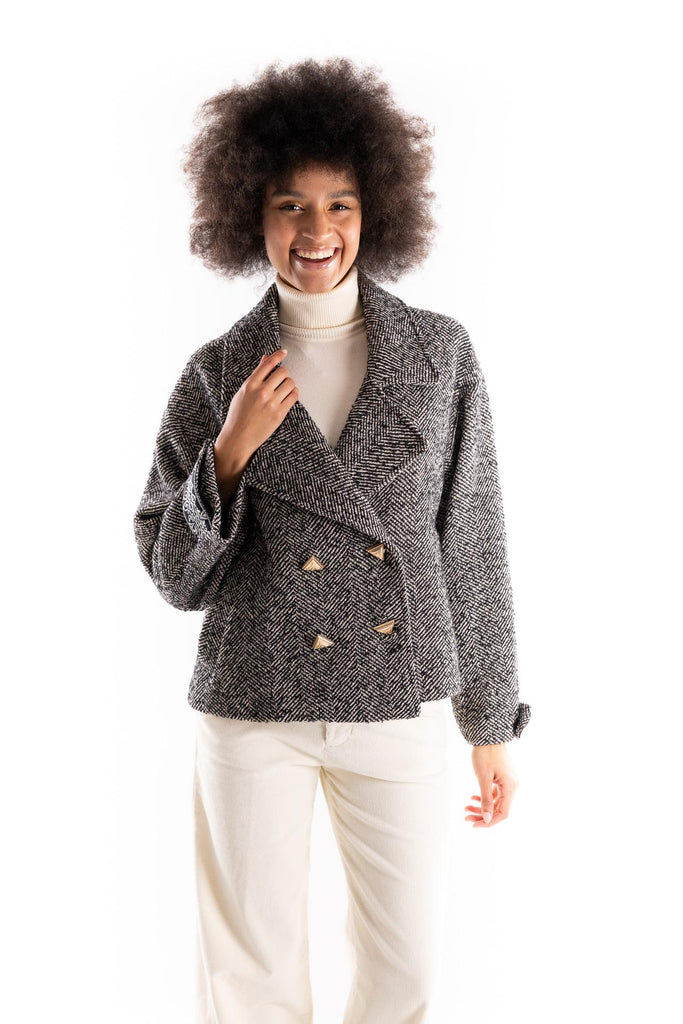 Caban corto spina pesce nero-bianco GIKD07204 MULTICOLOR AKEP 