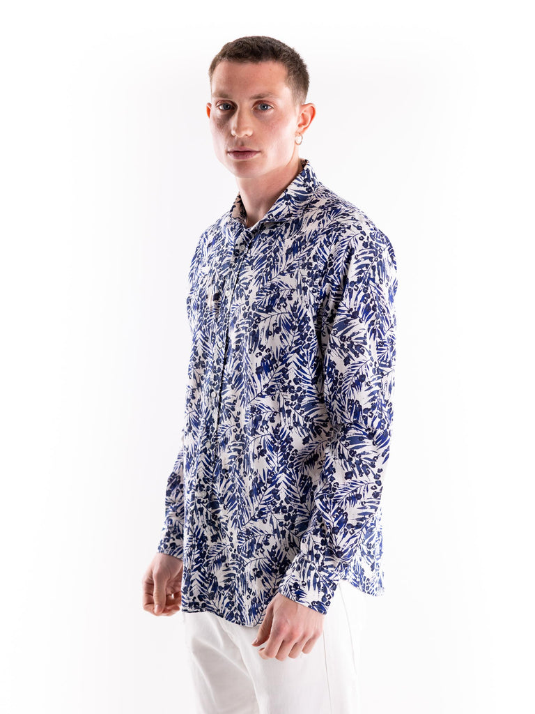 Camicia uomo in lino in fantasia floreale blu GERANIO 2519MULTICOLOR PORTOFIORI 