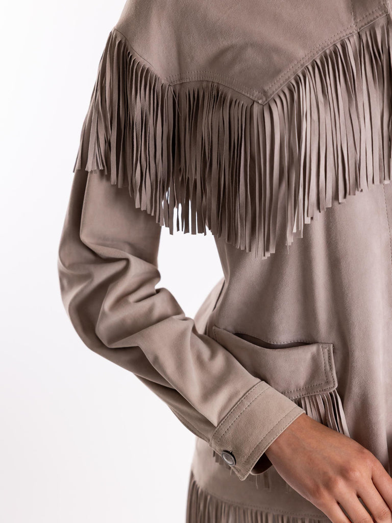 Giacca-camicia donna in camoscio sabbia con  frangie DAIRA SABBIA BLUSOTTO 