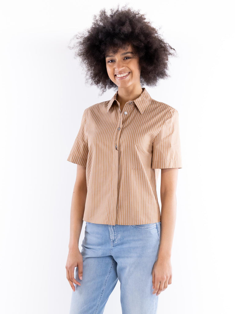Camicia bowling Innuendo in cotone a righe verticali marrone-bianco 104779 A2FHLZ1 PINKO 