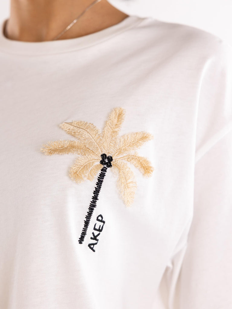 T-shirt bianca ricamo palme TSKD09219 BIANCO AKEP 