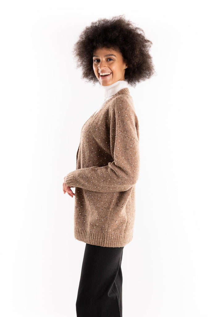 Cardigan Marche in tessuto bouclé cammello con strass 105739 A2U4CAMMELLO PINKO 