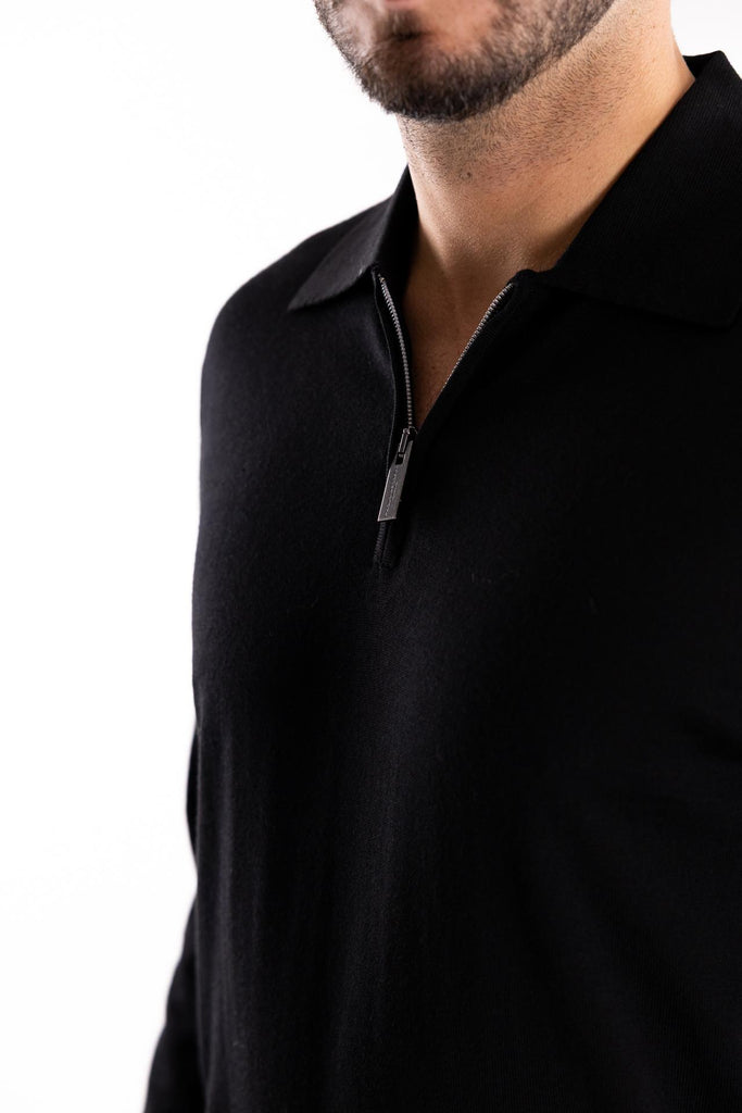 Maglia polo con zip finezza 16 color nero<BR/> A002 NERO PAOLO PECORA 