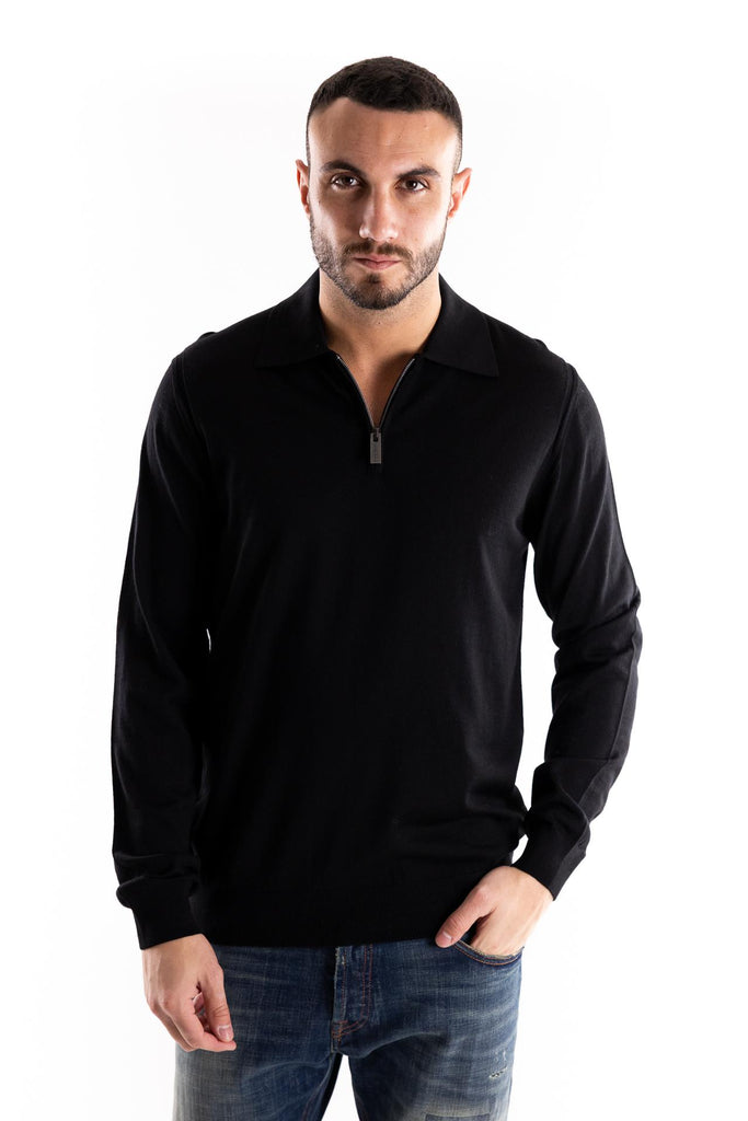 Maglia polo con zip finezza 16 color nero<BR/> A002 NERO PAOLO PECORA 