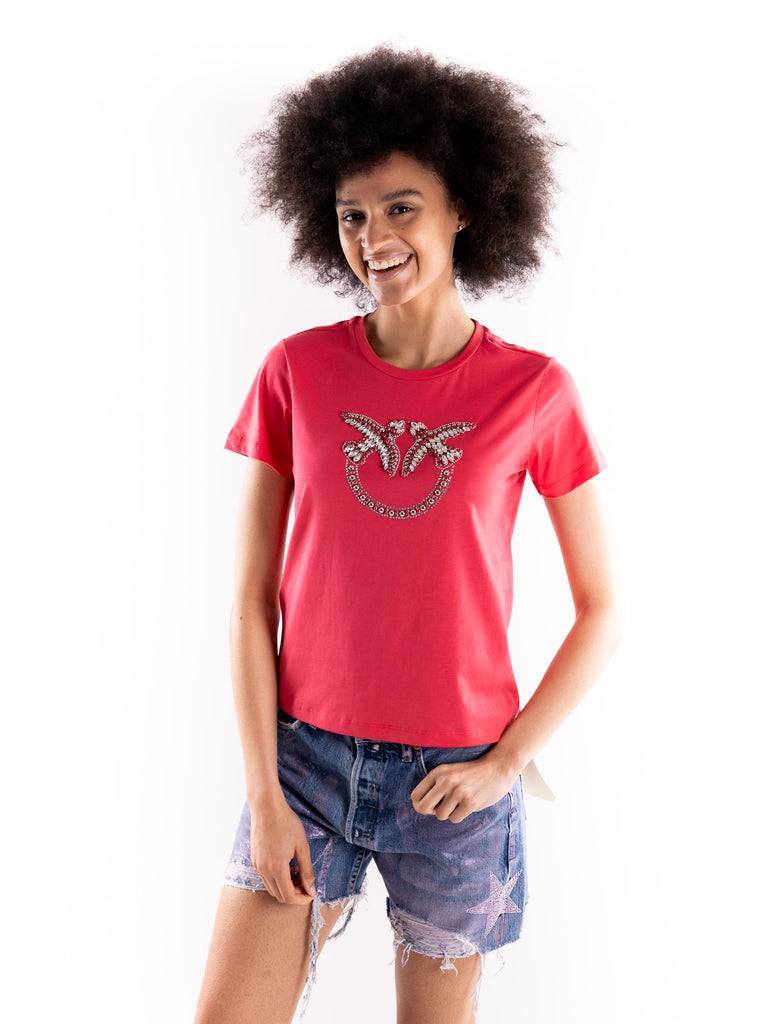 T-shirt Quentin rossa con logo Love Birds in cristalli 100535 A2G7O57 PINKO 