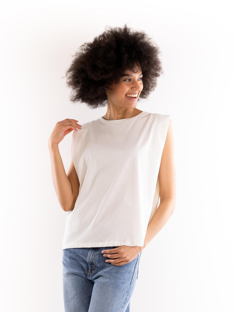 T-shirt smanicata over bianca stampa in raso CNKD09209 BIANCO AKEP 