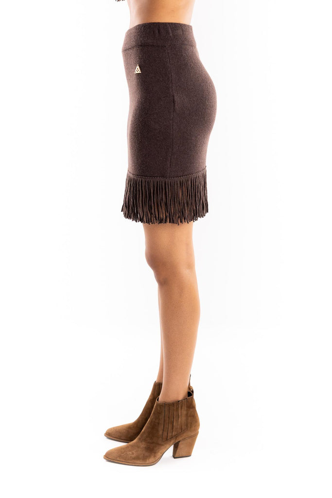 Minigonna in maglia con frange moro GOKD11015 MARRONE AKEP 