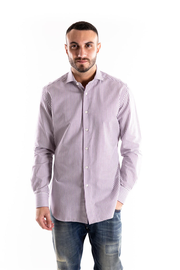 Camicia travel collo francese riga bordò 98810 010BIANCO-BORDEAU XACUS 