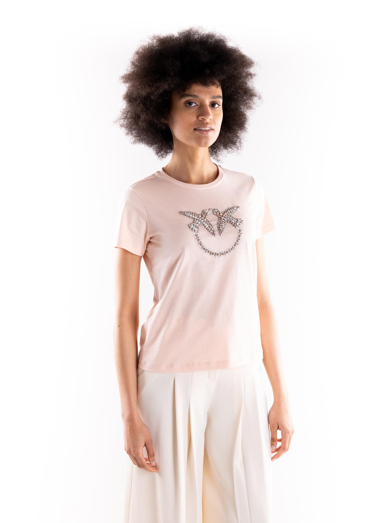 T-shirt Quentin rosa con logo Love Birds in cristalli 100535 A2G7N38 PINKO 