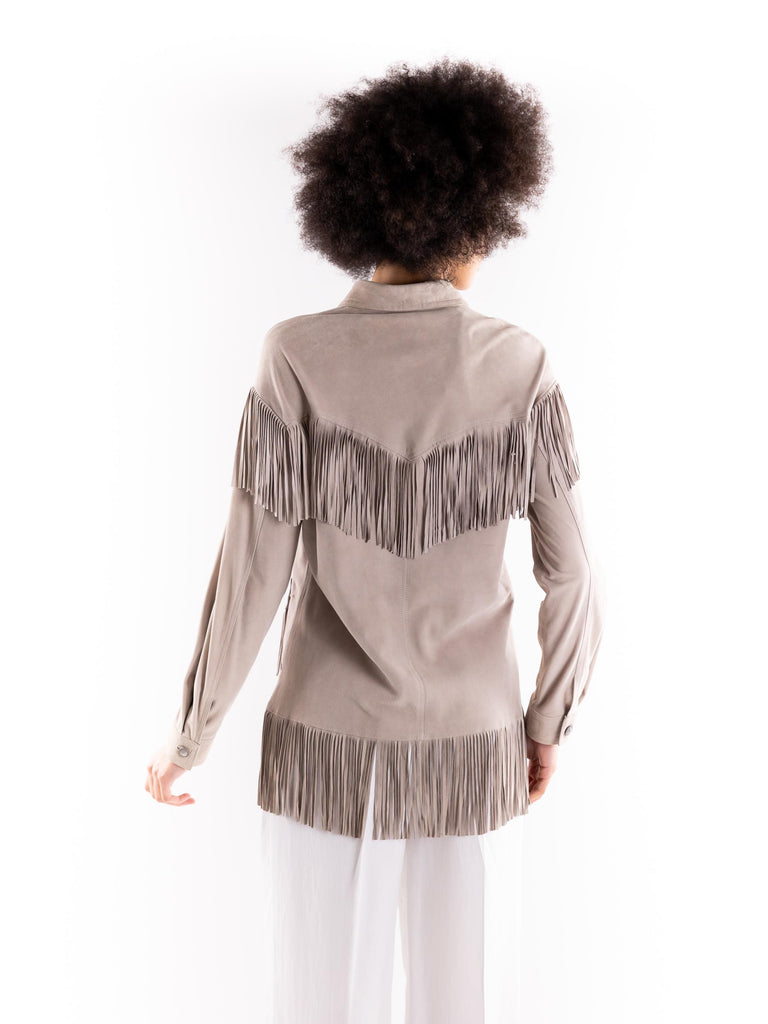 Giacca-camicia donna in camoscio sabbia con  frangie DAIRA SABBIA BLUSOTTO 
