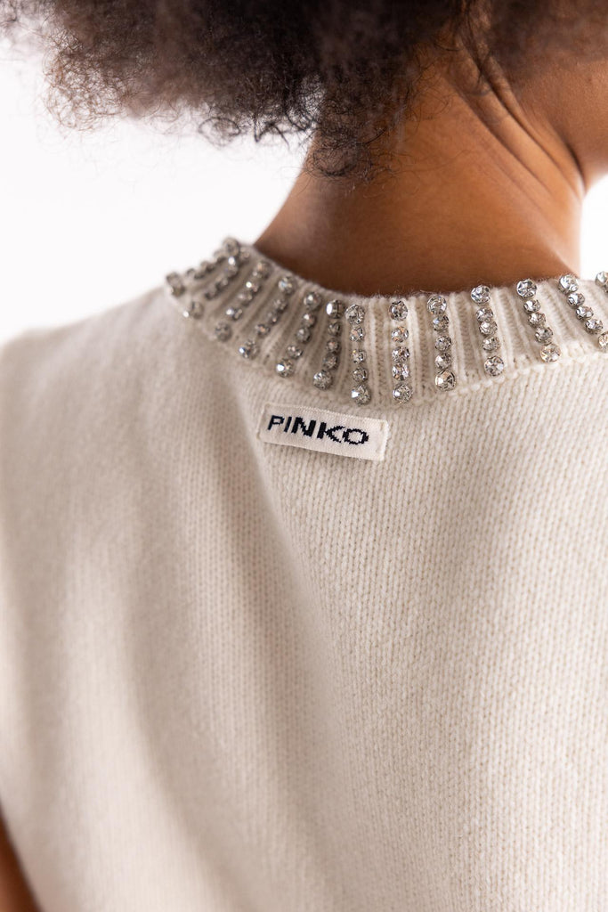 Gilet Ponziane in maglia bianca con strass 105639 A2TRBIANCO PINKO 
