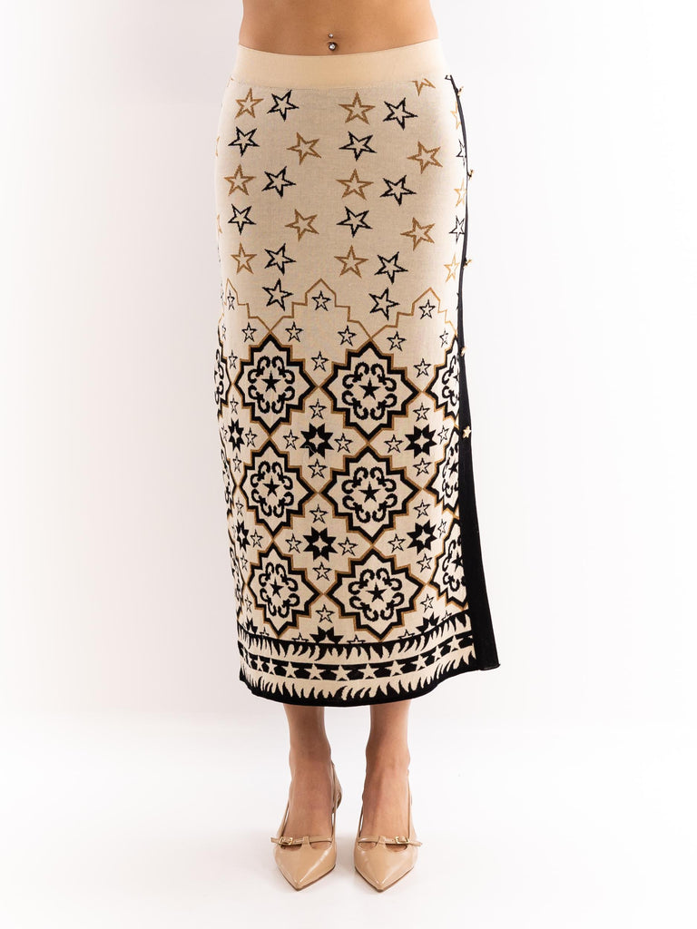 Gonna midi donna stelle nere su base beige GOKD09002 BEIGE AKEP 