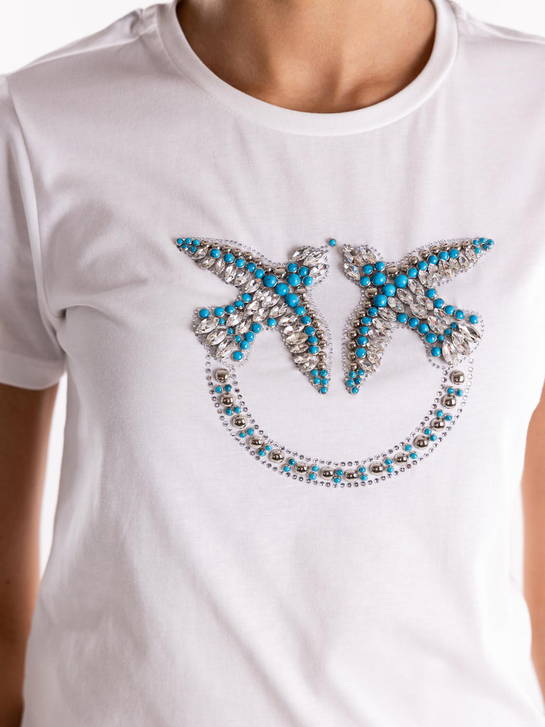 T-shirt Quentin bianca con logo Love Birds in cristalli 100535 A2G7Z05 PINKO 