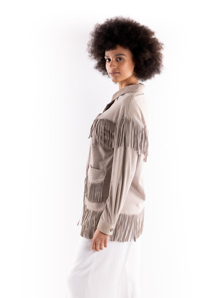 Giacca-camicia donna in camoscio sabbia con  frangie DAIRA SABBIA BLUSOTTO 
