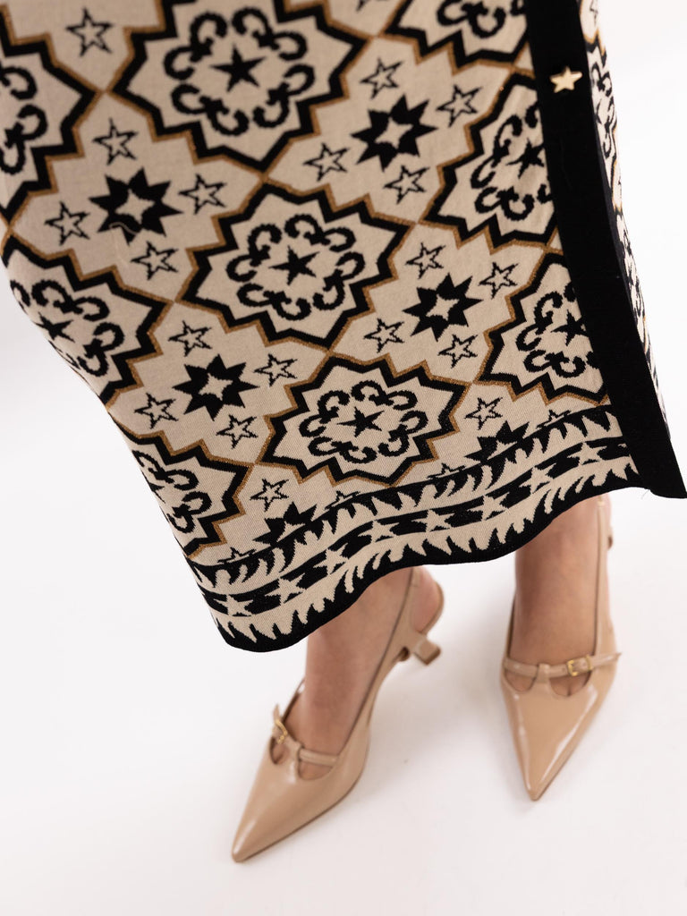 Gonna midi donna stelle nere su base beige GOKD09002 BEIGE AKEP 