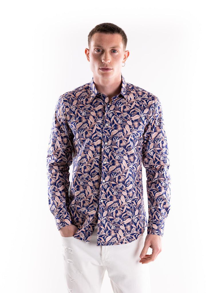 Camicia uomo in fantasia floreale su base blu OLEANDRO 3433MULTICOLOR PORTOFIORI 