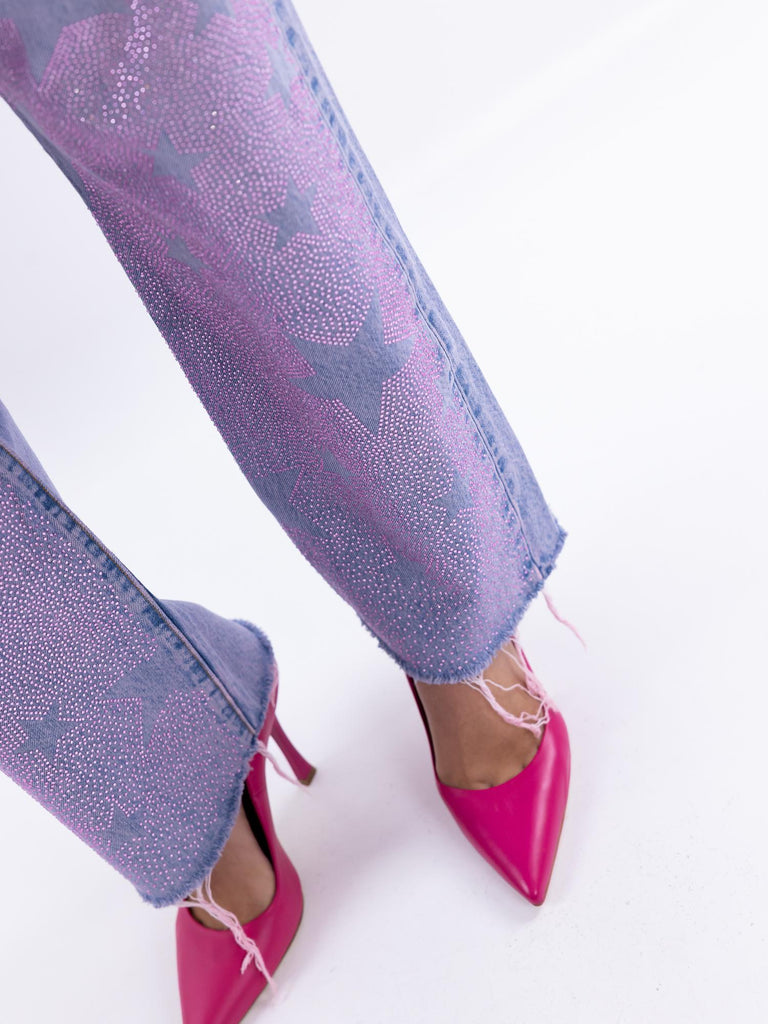 Jeans donna ultraboy viola strass