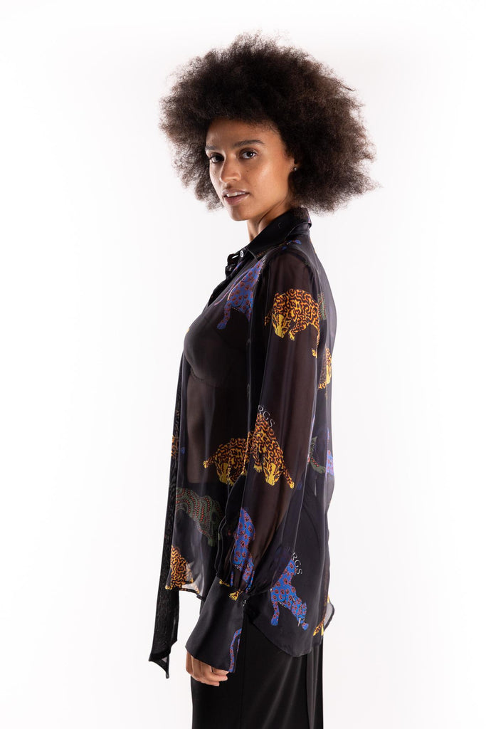 Camicia mista seta con stampa  tribal panther 15045 NERO 5 PROGRESS 