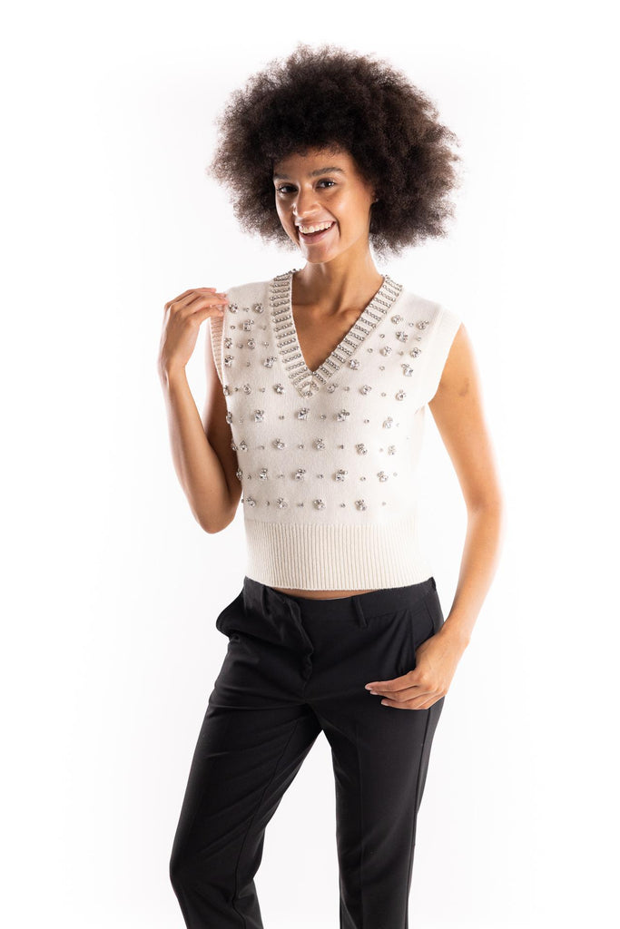 Gilet Ponziane in maglia bianca con strass 105639 A2TRBIANCO PINKO 